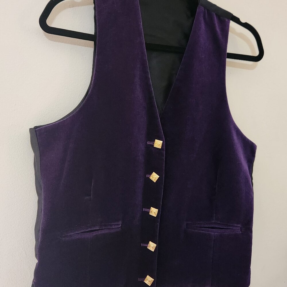 Vintage Prince Charlie Purple Velvet Straight Hem Gold Buttoned Waistcoast Vest - Picture 6 of 12